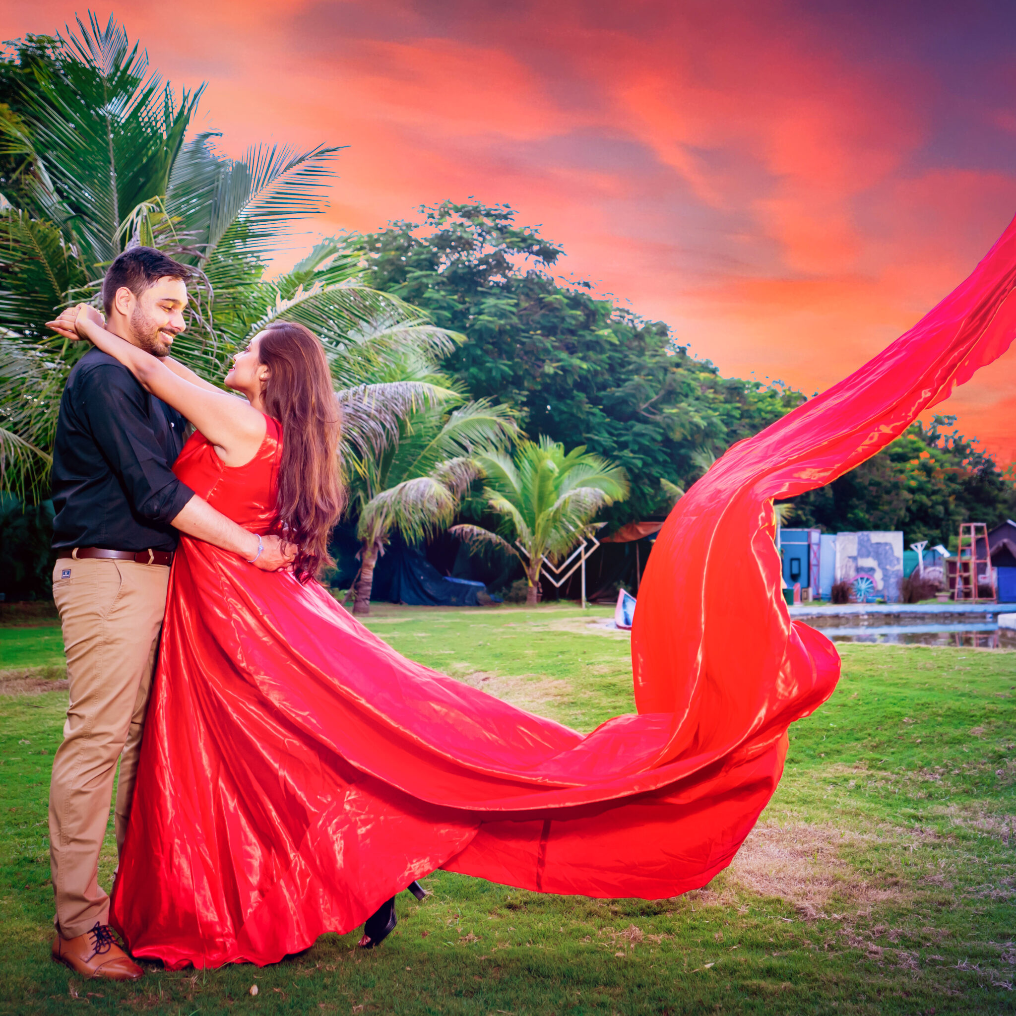 Joyful couple in traditional attire celebrating their love during pre-wedding photoshoot by DigiArt Photography Hyderabad