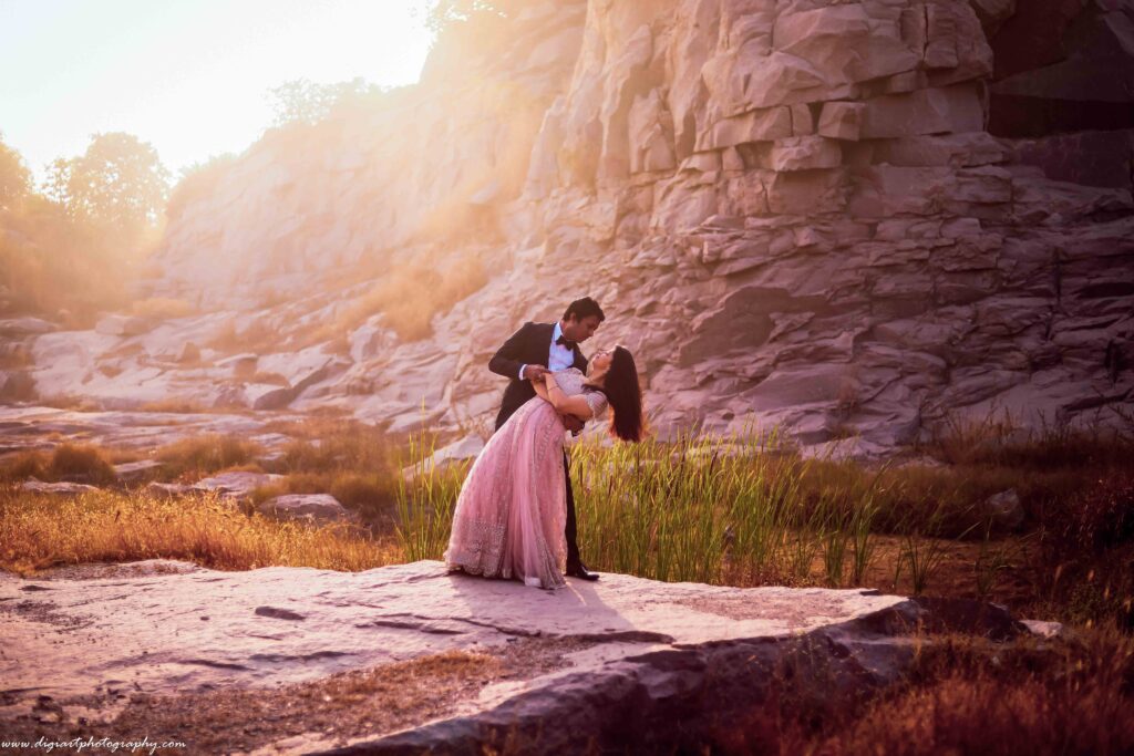 Romantic pre wedding shoot Hyderabad couple posing at scenic outdoor location
